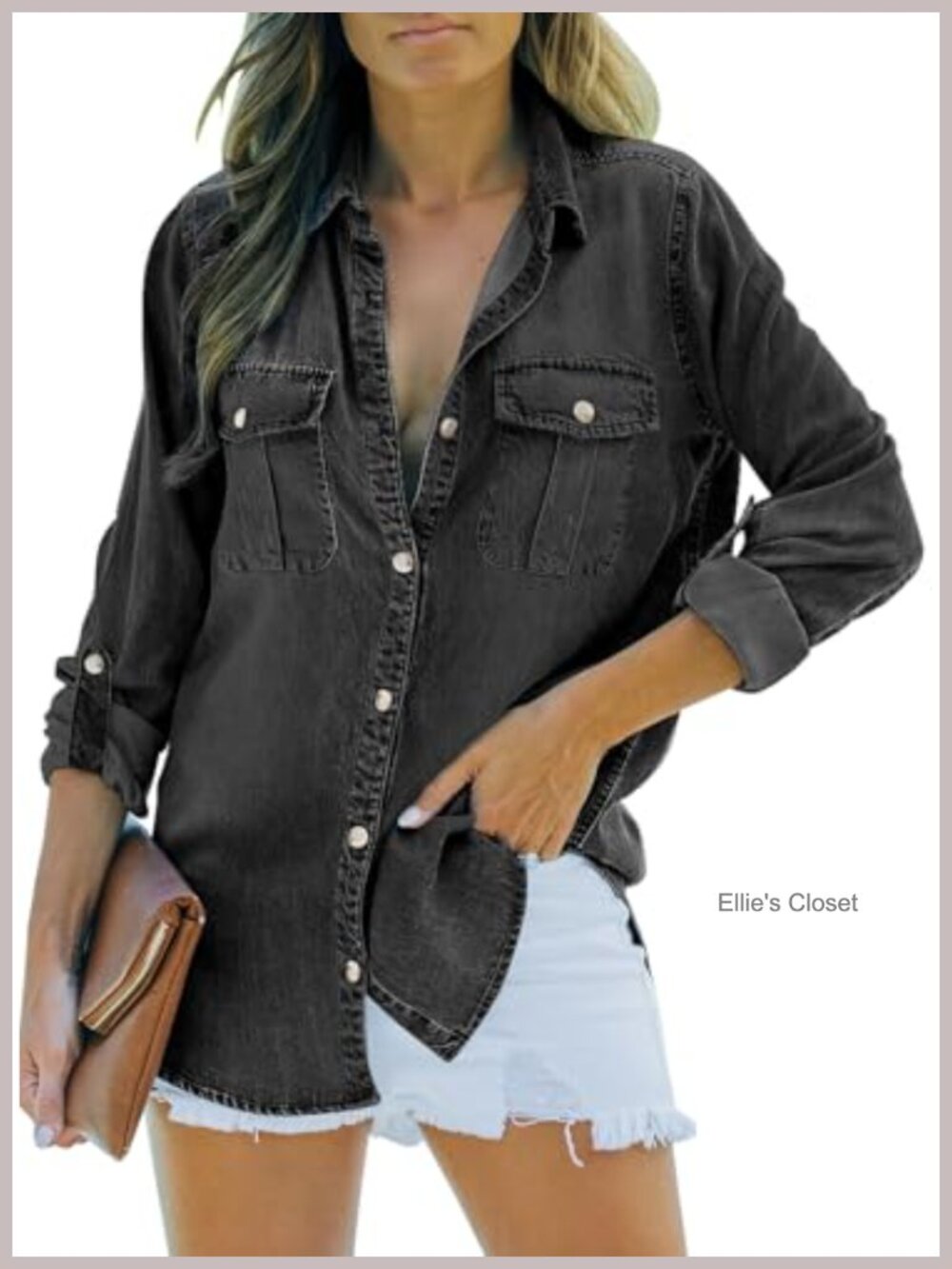 Women's Denim Button Down Shirt Long Sleeve Jean Shirt Cotton